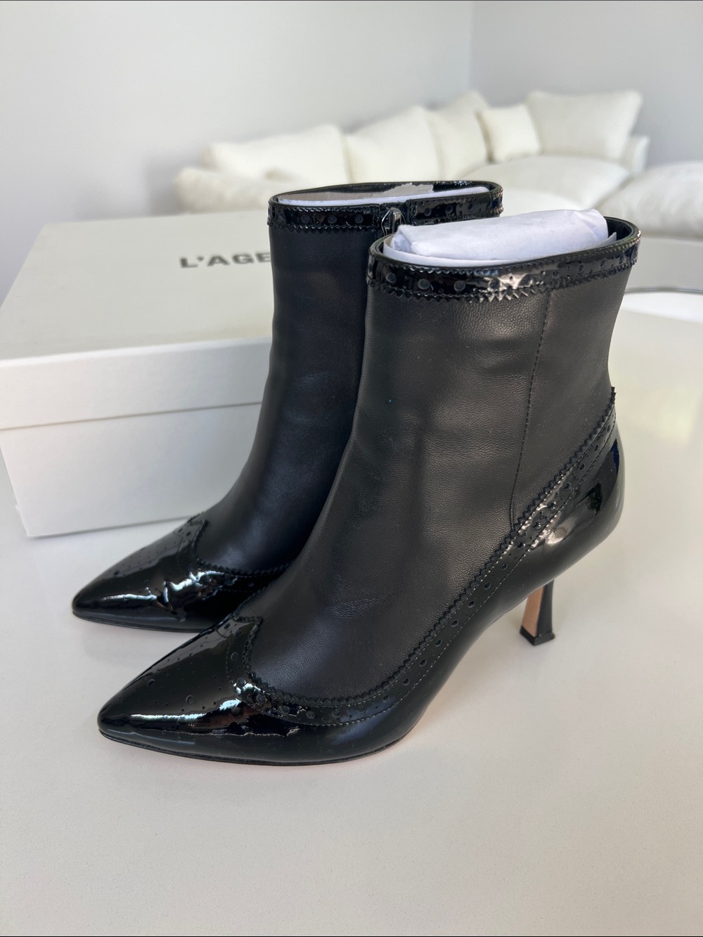 L’AGENCE ember black leather and patent pointed toe booties ankle boots 6